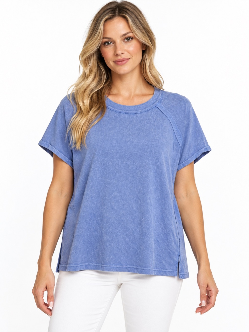 Umgee Size Small Washed Blue Short Sleeve Women's Boxy Tee